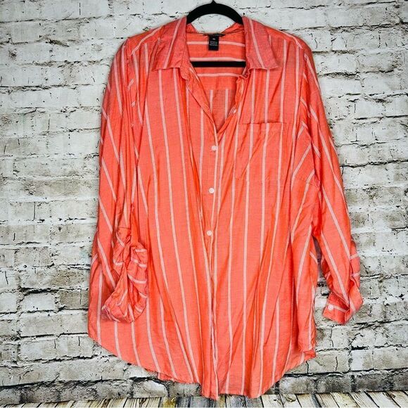 Millenium Striped Button Down Bright Top Plus 2X - Picture 1 of 8